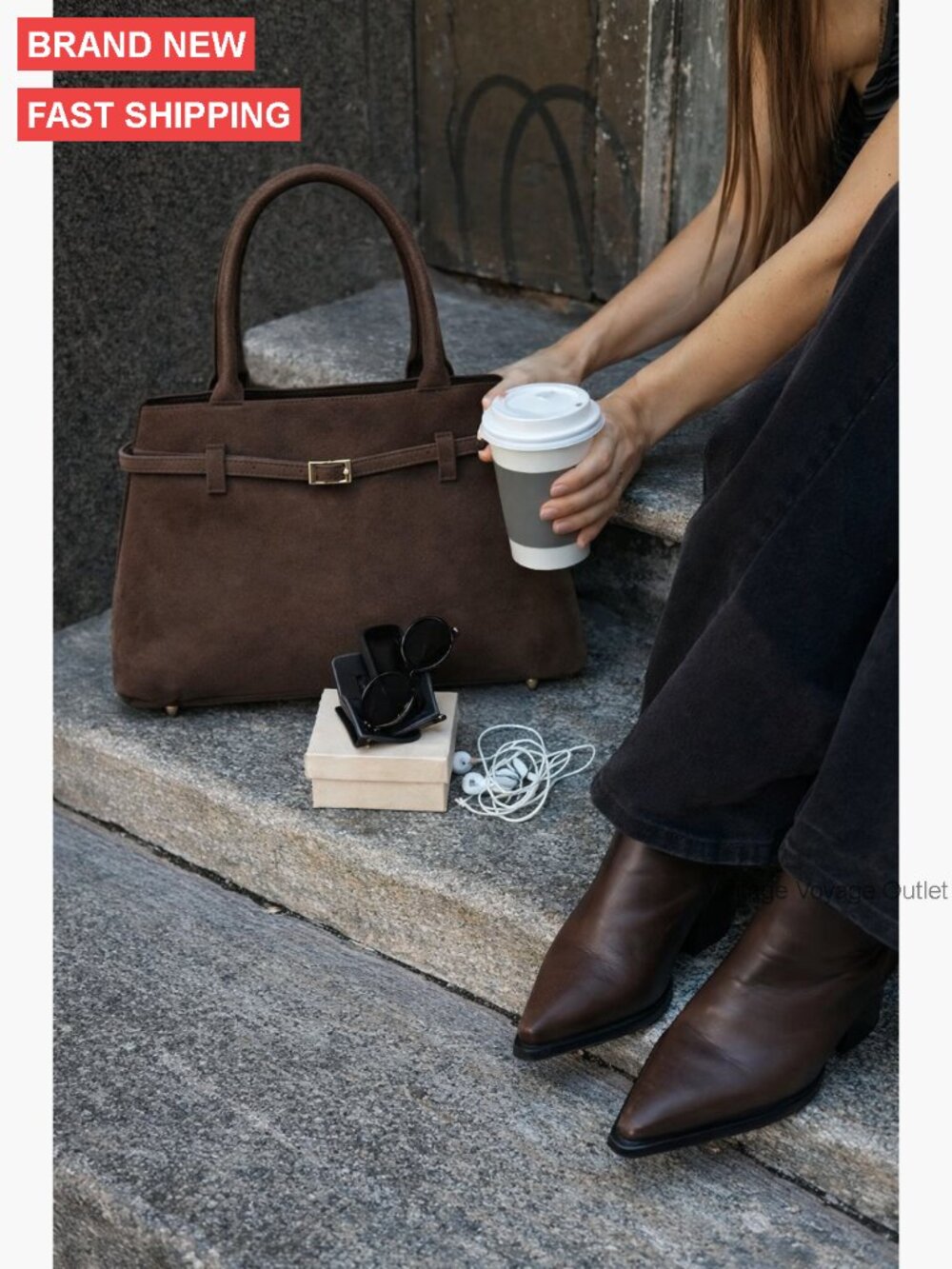 Large Vegan Suede Tote Bag with Gold Hardware Slouchy Hobo Satchel - Picture 7 of 7